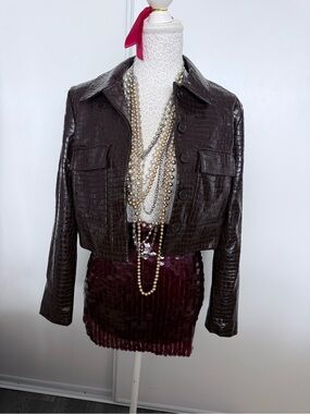 Dynamite Croc-Embossed Dark Brown Cropped Leather Jacket
